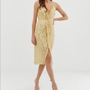 ASOS Gold Sequin Plunge Cami Midi Dress
